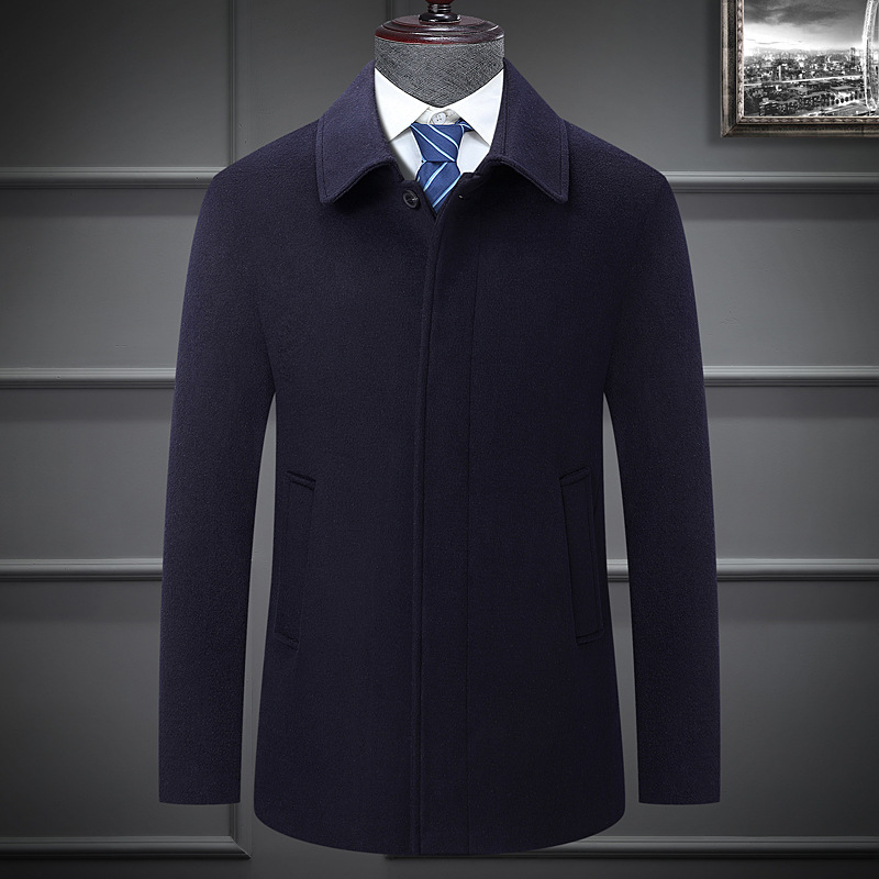 秋冬新款行政毛呢大衣加厚中老年男士简约中长款羊毛呢子大衣外套