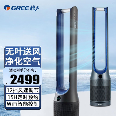 格力(GREE) 无叶风扇家用电风扇智能遥控摇头落地扇格力风扇低躁塔扇空气净化风扇 FWZ-1201BG珍珠黑+蓝