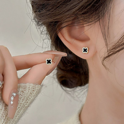 925银针黑色耳钉轻奢高级感四叶草耳环女高级百搭日常小耳钉耳饰送女朋友老婆情人节七夕生日礼物