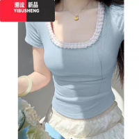 YIBUSHENG纯欲蕾丝短袖t恤女2024新款甜辣芭蕾方领短款紧身正肩法式上衣