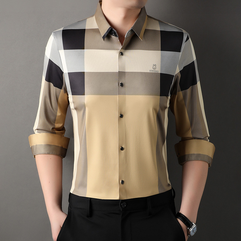 男士衬衫长袖翻领秋季新款条纹中年无痕弹力时尚休闲上衣