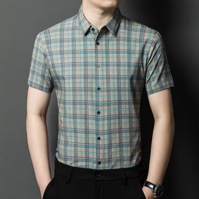 绅士大方格子短袖男式衬衫中青年时尚休闲薄款百搭洋气衬衣爸爸装