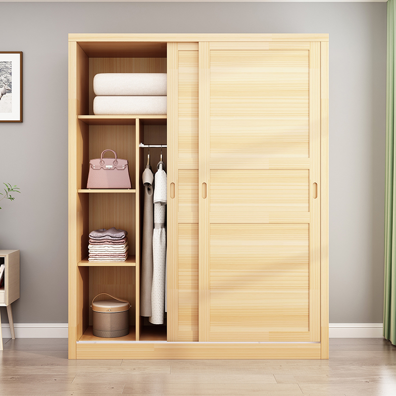 全实木衣柜家用卧室儿童柜松木结实耐用推拉门原木简易挂衣橱定制 [全