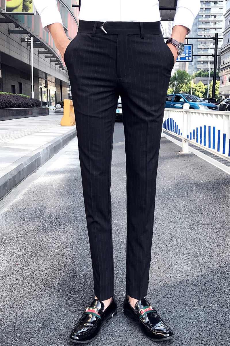 SUNTEK夏条纹长裤男韩版修身商务英伦色发型师小脚休闲西裤男色九分西裤