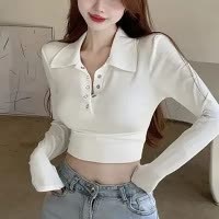 韩版辣妹纯色上衣秋冬新款修身polo领设计感短款长袖T恤女ins