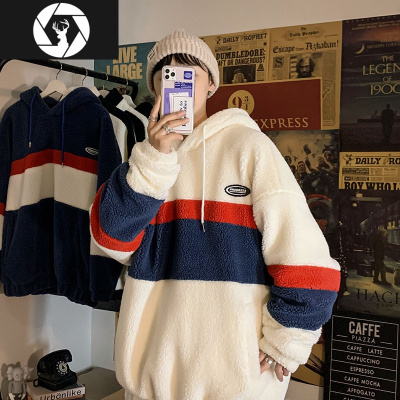 HongZun加绒棉衣男冬季羔绒外套加厚保暖上衣套头棉袄撞色拼接潮牌棉服棉衣