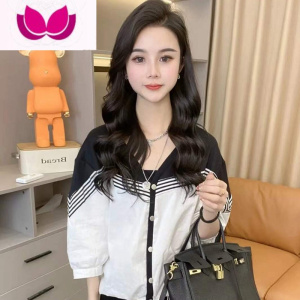 七斓欧货时尚休闲套装女2023年新款拼色衬衣高腰九分牛仔裤套