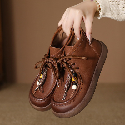 头层牛皮秋冬新款圆头袋鼠鞋平底系带休闲马丁靴真皮短靴