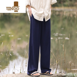 YANXU中国风亚麻男士休闲裤大码宽松日系垂感长裤棉麻透气中式直筒裤子