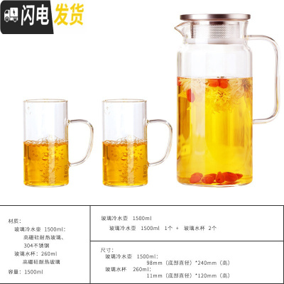 三维工匠冷水壶家用玻璃可高温防爆家用耐热凉白开茶壶套装大容量杯凉水壶 1500壶+260绿茶杯2个