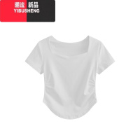 YIBUSHENG三木子自制 褶皱修身桃心领短袖T恤女季纯欲正肩纯色锁骨上衣