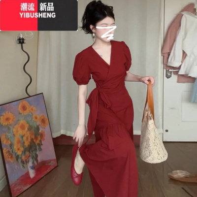YIBUSHENG法式复古红色泡泡袖连衣裙子女装季2024新款气质高级感套装长裙