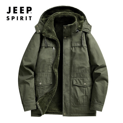 JEEP吉普秋冬立领加绒加厚纯棉水洗棉服男休闲多口袋外套