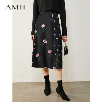 Amii极简时尚玫瑰碎花开叉半身裙2020秋新款设计感A字裙雪纺裙子