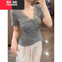 YIBUSHENG不规则纯欲V领正肩短袖T恤2024季新款大码胖mm收腰遮肉上衣