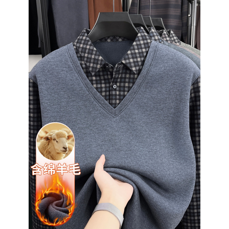 秋冬新款T恤男加绒保暖假两件上衣中年爸爸衬衫领加厚外穿打底衫