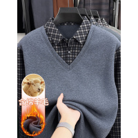 秋冬新款T恤男加绒保暖假两件上衣中年爸爸衬衫领加厚外穿打底衫