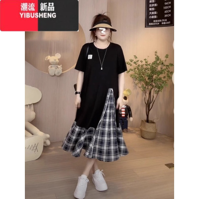 YIBUSHENG大码不规则短袖拼接连衣裙女季胖mm遮肚宽松显瘦假两件过膝长裙