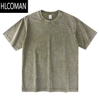 HLCOMAN森系墨绿色!水洗做旧短袖T恤男女夏季蜡染五分半袖上衣