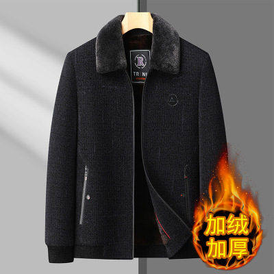 新款男士休闲雪尼尔外套秋冬翻领外套中老年爸爸装加绒加厚
