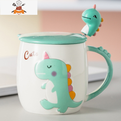 儿童卡通陶瓷杯子可爱小恐龙水杯吃饭碗家用盘子宝宝点心餐具套装 杯子带盖勺-绿色 敬平