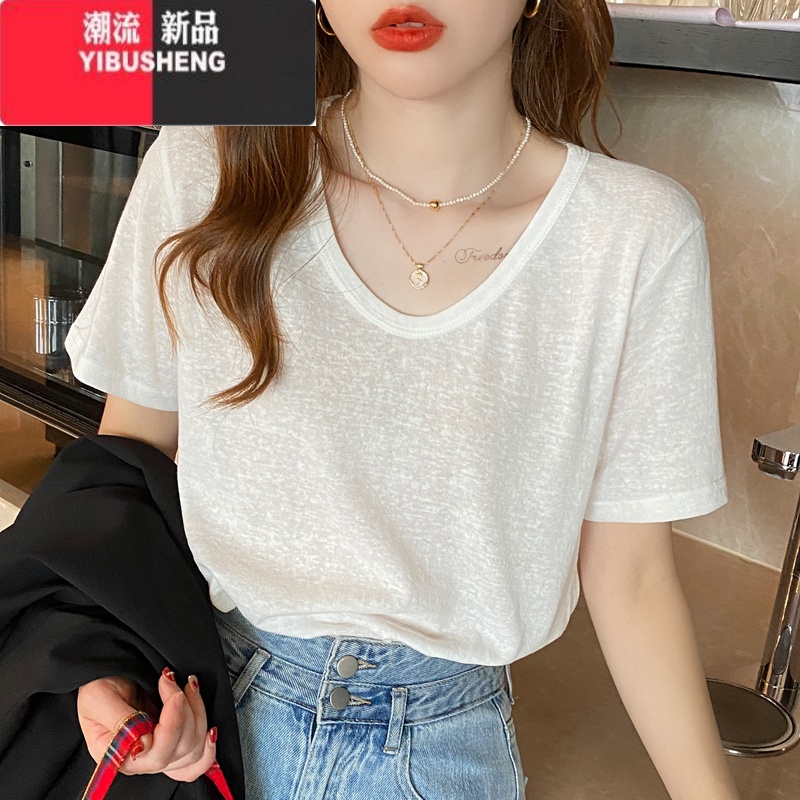 YIBUSHENG冰丝t恤女季短袖2024年新款宽松纯色半袖体恤棉麻白色薄款上衣