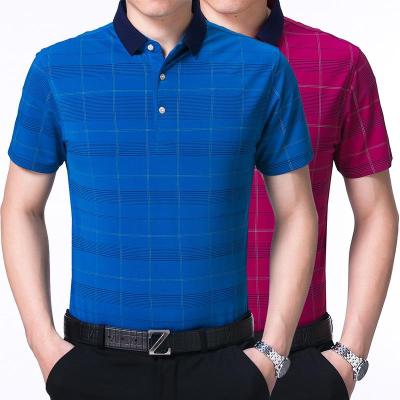 夏季新款条纹中年男装男式短袖T恤男士商务免烫翻领T恤