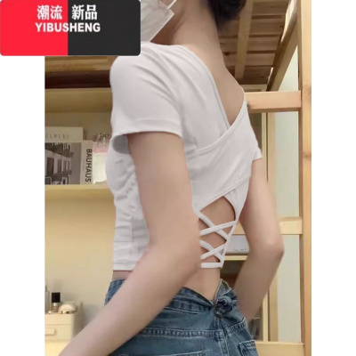YIBUSHENG季新款修身显瘦正肩t恤女短袖纯欲辣妹短款后背镂空带胸垫上衣
