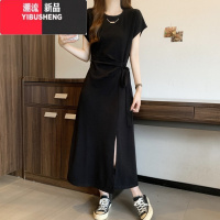 YIBUSHENG大码女装韩版休闲带项链绑带长裙子胖mm小众设计感开叉显瘦连衣裙