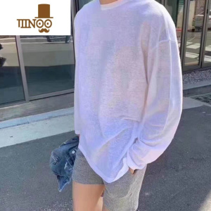 YANXU夏季冰丝t恤男长袖白色薄款宽松韩版潮流东大门ins防晒打底衫
