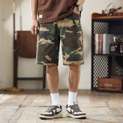 夏季新款男士迷彩牛仔短裤男港风ins宽松直筒五分裤潮流休闲中裤