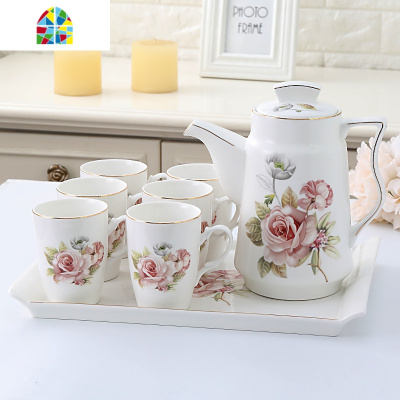 欧式冷水壶陶瓷凉水壶套装家用客厅水杯茶杯凉水杯套装杯具带托盘 FENGHOU 描金花海一壶六杯(陶瓷盘)