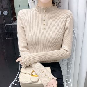 木耳边半高领加厚打底衫毛衣女2023秋冬新款修身针织套头洋气上衣