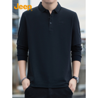 Jeep吉普黑色长袖t恤男士秋季翻领polo衫2025新款休闲打底上衣男