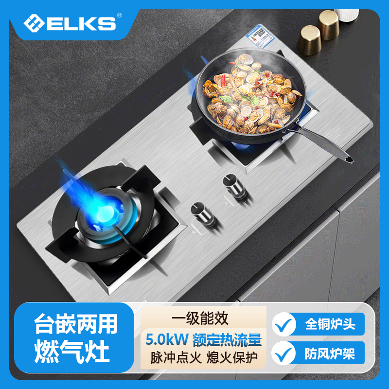ELKS燃气灶EL8109 家用台嵌两用灶具 不锈钢面板 纯铜火盖 防风炉架 天然气