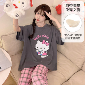 夏季莫代尔带胸垫睡衣女圆领短袖长裤套装卡通可爱风家居服可外穿