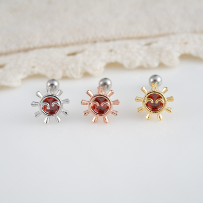 韩国进口耳钉 太阳smile笑脸精致耳骨钉钛钢粗杆螺丝旋转拧堵送女朋友老婆情人节七夕生日礼物