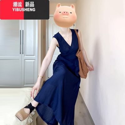 YIBUSHENG蓝色v领无袖背心连衣裙子女季2024新款法式气质收腰长裙两件套