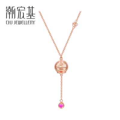 潮宏基哆啦A梦系列-爱心樱花18K金项链玫瑰金彩金坠链锁骨链FQ约2.8g链长约40cm+尾链