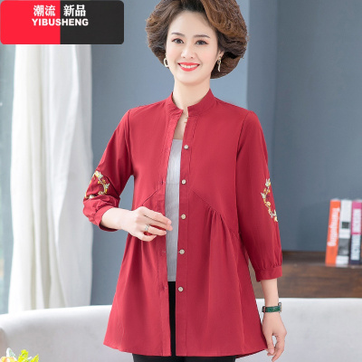 YIBUSHENG妈妈春装衬衫50岁洋气中年女装春秋薄款衬衣2021新款长款妇女上衣妈妈装