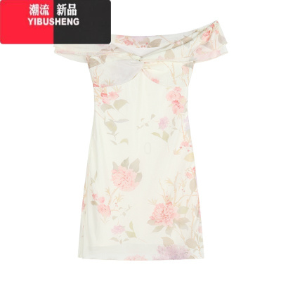 YIBUSHENG一字肩印花网纱修身短袖连衣裙女季显身材长裙纯欲收腰包臀裙子