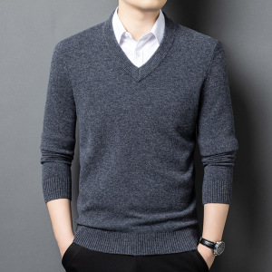 加厚纯羊毛420克鸡心领V领羊毛衫男冬季新款保暖打底男士毛衣