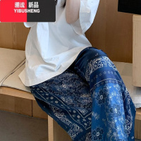 YIBUSHENG胖MM特大码300斤阔腿花裤子女直筒图腾印花休闲裤宽松家居睡裤潮