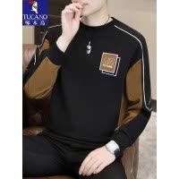 啄木鸟卫衣男士圆领打底衫秋冬季新款潮流拼色长袖T恤加绒上衣服