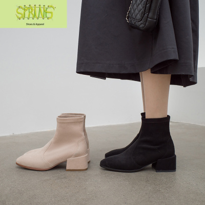 2019新款网红春秋单靴粗跟中跟方头黑色短靴子女马丁靴弹力瘦瘦靴语娄
