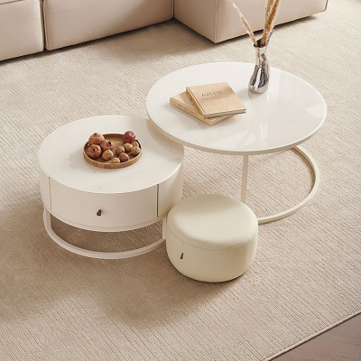 全友家居现代奶油风茶几圆形小桌子 简约客厅矮桌茶台置物边几