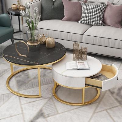 北欧大理石圆形岩板茶几简约现代客厅铁艺轻奢茶几花几小户型组合