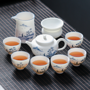 MULTIPOTENT整套功夫茶具羊脂玉手绘中国白10头蓝山水金相壶精美伴手礼盒套装