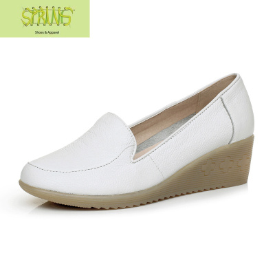直供医院春秋护士鞋白色真皮坡跟冬季牛筋底舒适女圆头单鞋加绒语娄