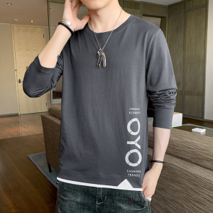 休闲男装长袖T恤秋季日系潮牌圆领套头纯棉打底衫青少年百搭衣服